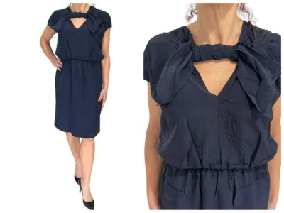 DEREK LAM MADE IN ITALY NAVY SILK CAP SLEEVE  BLOUSON V NECK  BOW DRESS SIZE 4 - Image 1 of 4