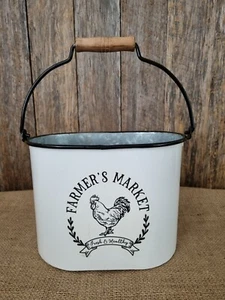 SMALL WHITE METAL COUNTRY FARMERS MARKET OVAL PLANTER POT TUB BUCKET - Picture 1 of 5