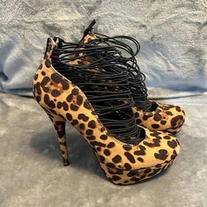Bamboo Leopard Stilettos Heels Womens Size 8 1/2 Tan Brown Strappy Pumps Shoes - Picture 1 of 8