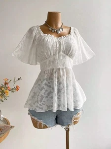 Plus Size Floral Flutter Sleeve Blouse with Smocked Back - Picture 1 of 9