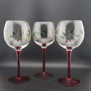 Set Of 3 Holly Hill Christmas Hand Painted Wine Glasses 9" - Picture 1 of 11