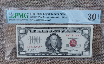 1966 $100 United States Red Seal Note PMG VF30 - Image 1 of 4