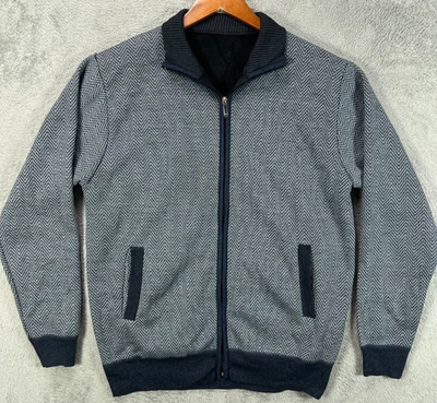 Mens Blue Knit Bomber Jacket Full Zip Size XL Navy Blue Geometric Sweater Jacket - Imagem 1 de 4
