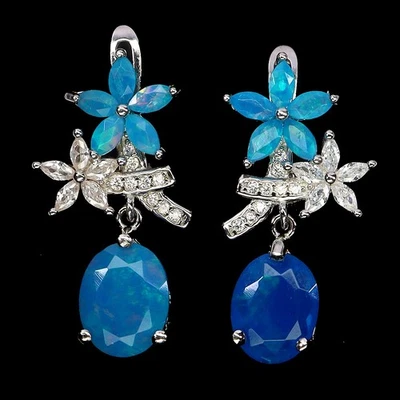 925 Sterling Silver Earrings Oval Blue Opal 9x7mm Natural Gemstone Jewelry - Image 1 of 4