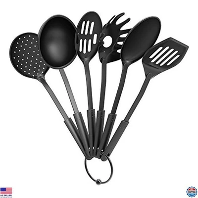 6-Piece Kitchen Utensils Set - Plastic Cooking Tools, Spatulas & Spoons, Black - Image 1 of 4