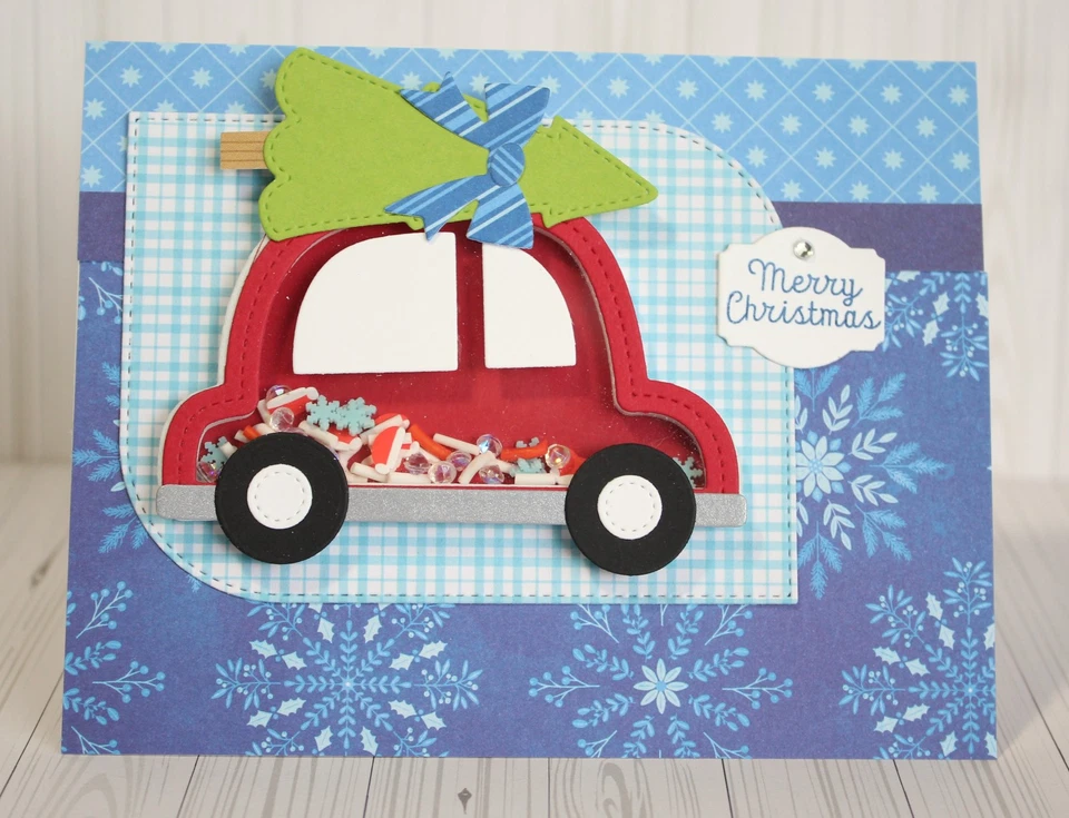 Handmade MERRY CHRISTMAS car with fresh cut tree SHAKER card kit of 4 - Изображение 1 из 1