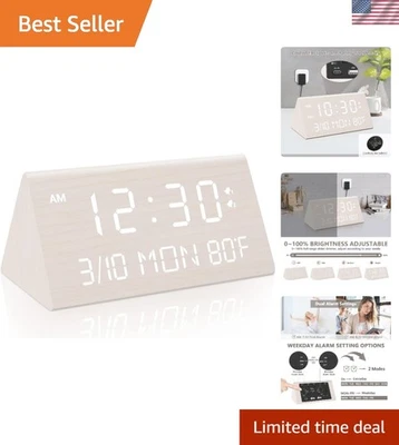 Wooden Digital Alarm Clock, 0-100% Dimmer, 2 Alarm Settings, Weekday/Everyday... - Image 1 of 4