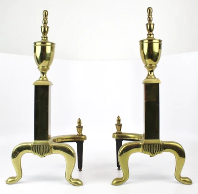 Par de chimeneas vintage de latón real y hierro fundido Andirons 18,5" Foto 1 de 4