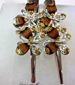 Set of 2 Fashion Hair Clips Metal 3" Alligator Rhinestone Butterflies Brown - Picture 1 of 6