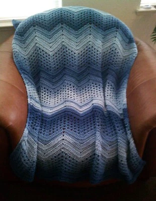 NEW HAND CROCHET RIPPLE SHADES OFBLUE MULTI AFGHAN LAP BLANKET THROW - Image 1 of 4