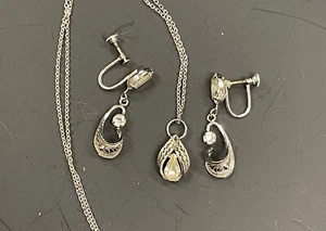 Screw Back Earring and Necklace Set 925 Vintage Silver Filigree Rhinestone - Picture 1 of 4