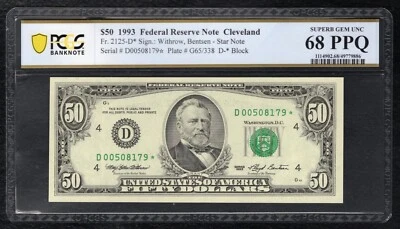 FR 2125-D* 1993 $50 *STAR* FRN CLEVELAND, OH PCGS BANKNOTE GEM UNC-68PPQ (H) - Image 1 of 2