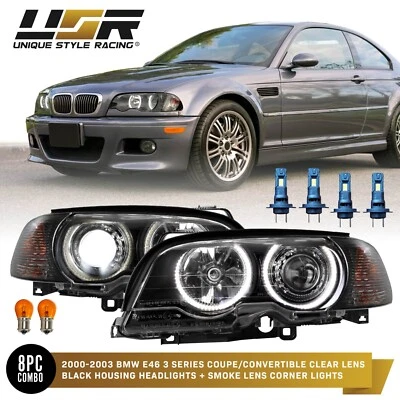 FULL LED Angel Halo Projector Headlight + Smoke Corner For 00-03 BMW E46 2D / M3 Foto 1 de 4