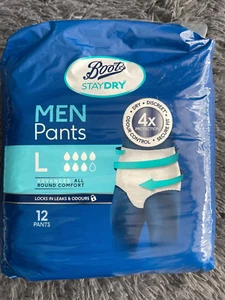 Boots Men’s Stay Dry Pants, Size L - Large. 1 pack of 12 pants Brand New - Picture 1 of 3