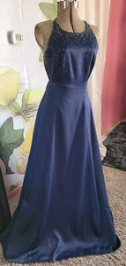 BARI JAY NAVY BLUE DRESS GOWN Beaded Sequin BACKLESS HOT LOOK SIZE 10 Prom Dress - Picture 1 of 10