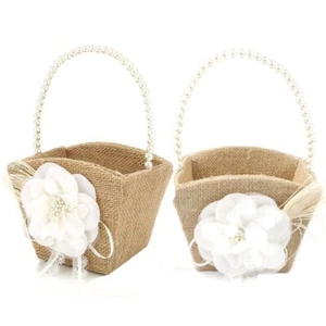 2pcs Burlap Flower Girl Basket Pearl Handle For Vintage Rustic Wedding Ceremonys - Picture 1 of 6