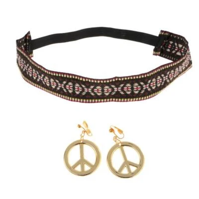 Conjunto de pendientes de diadema hippie dorado signo de la paz para mujer años 60 70 accesorios de disfraz Foto 1 de 4
