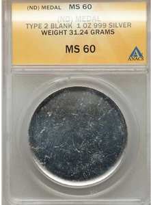 No Date Type 2 Commemorative Silver Medal Blank Planchet Error ANACS MS60 - Picture 1 of 5