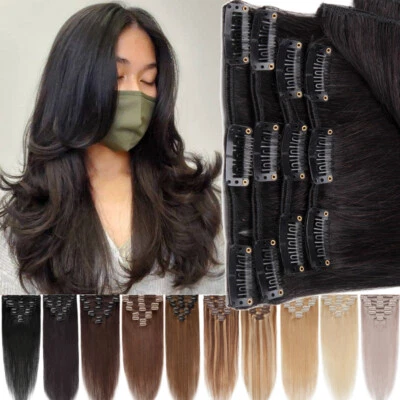 DICK 20CM-60CM Clip In 100% Remy Echthaar Extensions 8 Tressen 18 Clips/Glatt DE - Bild 1 von 4