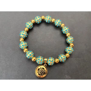 Rustic Cuff Emerson Bracelet Turquoise Encrusted Crystals Beads Gold Logo Charm - Picture 1 of 8