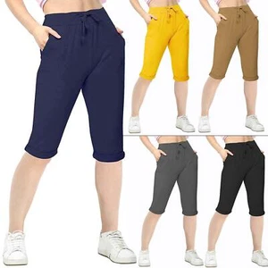 Women 3/4 Plain Shorts Italian Stretch Cotton Ladies Slash Pockets Shorts UK - Picture 1 of 45