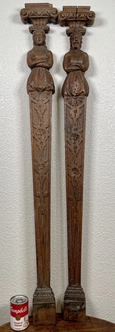 2 Antique Flemish Oak Carved Corbels Caryatid 16th 17th Century Man Woman 47” ! Cover
