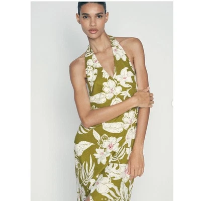 Vestido maxi Zara feminino estampa floral halter tamanho G verde férias MISTURA DE LINHO - Imagem 1 de 4