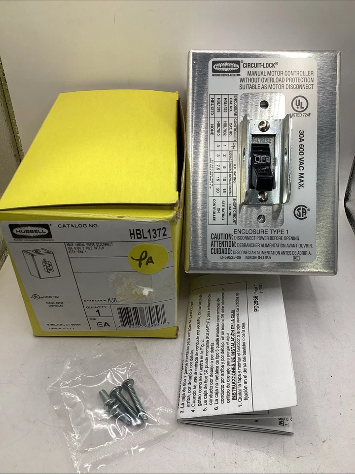 Desconexión manual del motor Hubbell HBL1372 30A 600V 2 polos NEMA 1 🟡 NUEVO Foto 1 de 1