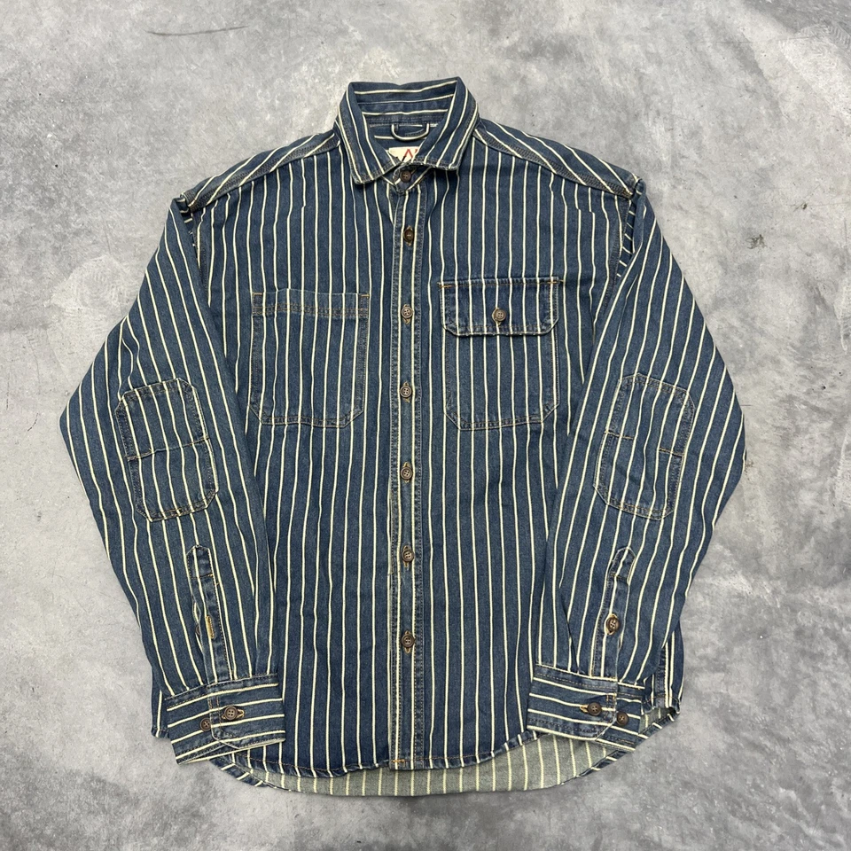 Camisa vaquera vintage lavada a rayas verticales para hombre camisa suelta de algodón manga larga Foto 1 de 4