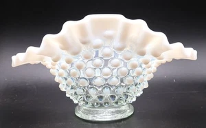 Vintage White Opalescent Hobnail Fancy Ruffled Crimped Edge Dish 7” Optical - Picture 1 of 13