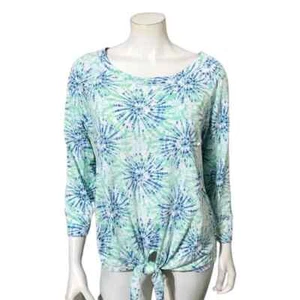 Hearts of Palm Women's Blouse Green Blue Round Neck Hem Tie 3/4 Sleeve Tops Sz-L - Picture 1 of 10