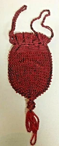 Antique Red Beaded FLAPPER Purse Bag Drawstring Tassel  - Picture 1 of 2