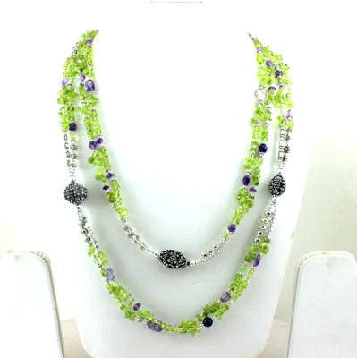 Necklace Natural Peridot Amethyst Gemstone Handmade Semi Precious Stone Beads  - Image 1 of 3