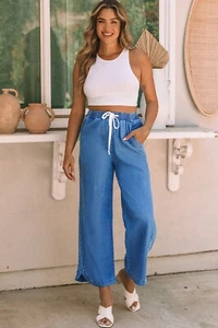 Women's Sky Blue Wide Leg Drawstring Waist Loose Pants Size 10 - Picture 1 of 7