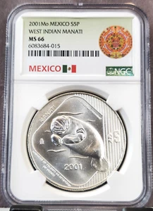 2001 MEXICO SILVER 5 PESOS WEST INDIAN MANATI NGC MS 66 RARE GEM BU COIN - Picture 1 of 3