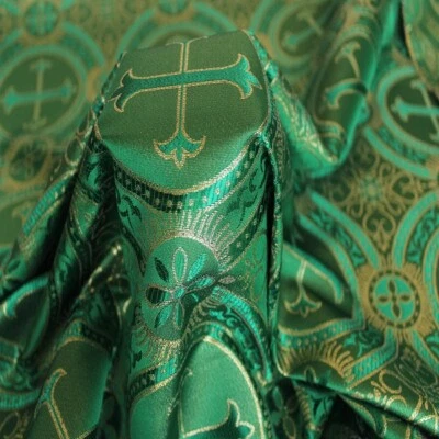 GREEN GOLD METALLIC BROCADE FABRIC LITURGICAL CROSS RELIGIOUS BAROQUE HOLIDAY - Image 1 of 3