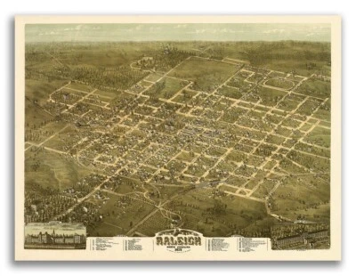 1872 Raleigh North Carolina Vintage Old Panoramic City Map - 18x24