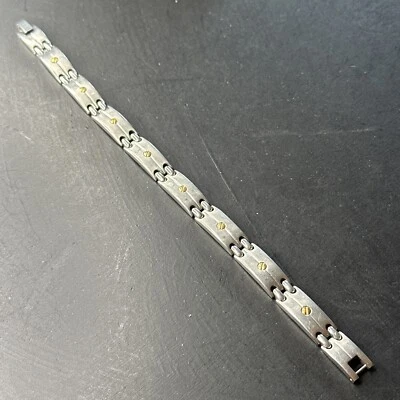 Ancien Bracelet gourmette en Acier Créateur Art Nouveau Déco vis en or 18k  - Photo 1/4