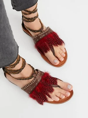 Sandalias Free People Bora Bora Tie Trenzadas Cuero Marrón Rojo Plumas Talla 37 Nuevas Foto 1 de 4