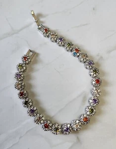 Cubic Zirconia Flower Chain Colored Rhinestone Crystals Silvertone Bracelets - Picture 1 of 14