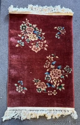 Alfombra china antigua Art Deco tejida a mano vintage 3'x2' Foto 1 de 4