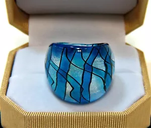 Turquoise Blue & Black Loose Plaid Hand Blown Glass Ring size 6.75 - Picture 1 of 4