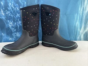 TARGET NEOPRENE WINTER BOOTS GIRLS Sz 3 BLACK MULTICOLORED POLKA DOTS 11.5” HIGH - Picture 1 of 11