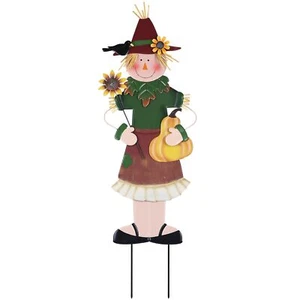 Outdoor Fall Decor Metal Girl Scarecrow Garden Stakes with Sunflowers & Pumpk... - Picture 1 of 7
