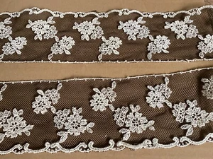 9 1/2 YDS VINTAGE GORGEOUS ECRU COTTON FLORAL EMBROIDERED  ON BLACK POLY NET - Picture 1 of 4