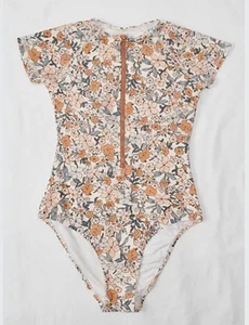 Badeanzug Damen M Kurzarm Einteiler Pfirsich & Blau Zierlich Blumen LSF 50+ - Bild 1 von 5