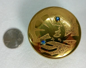 Vtg Chile Round Brass Etched Bird Tree Lapis Stone Trinket Stash Jewelry Lid Box - Picture 1 of 22