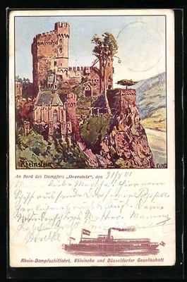 Künstler-AK Trechtingshausen, Rheinstein, Rhein-Dampfschiff Overstolz, Köln. u.  - Bild 1 von 2