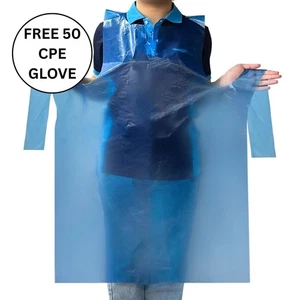 50 Disposable Blue Poly Aprons Waterproof Plastic Aprons for Kitchen & Salon - Picture 1 of 6