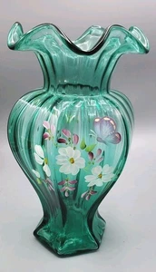 Jarrón Fenton floral verde azulado JK Spindler pintado a mano raro firmado Dan Fenton #223 - Imagen 1 de 15